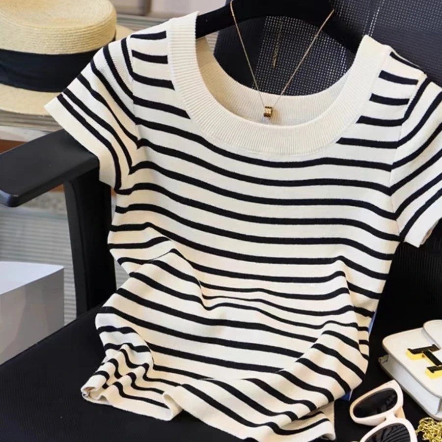黑白条纹冰丝条纹正肩短袖T恤女夏季小香风高级气质短款针织上衣