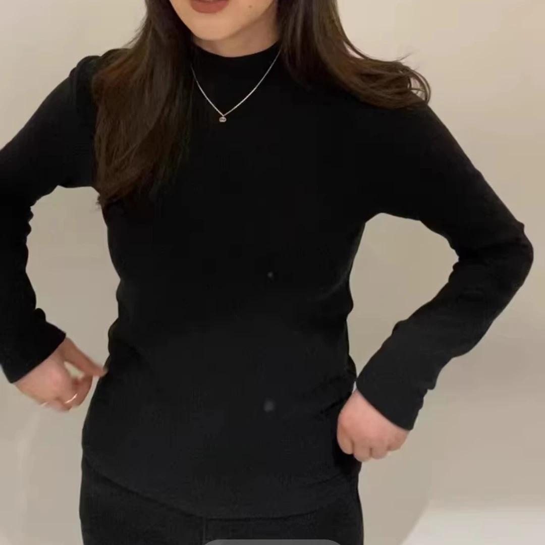 【现】天丝修身T恤套头ins百搭气质时尚针织款纯色长袖半高领23263