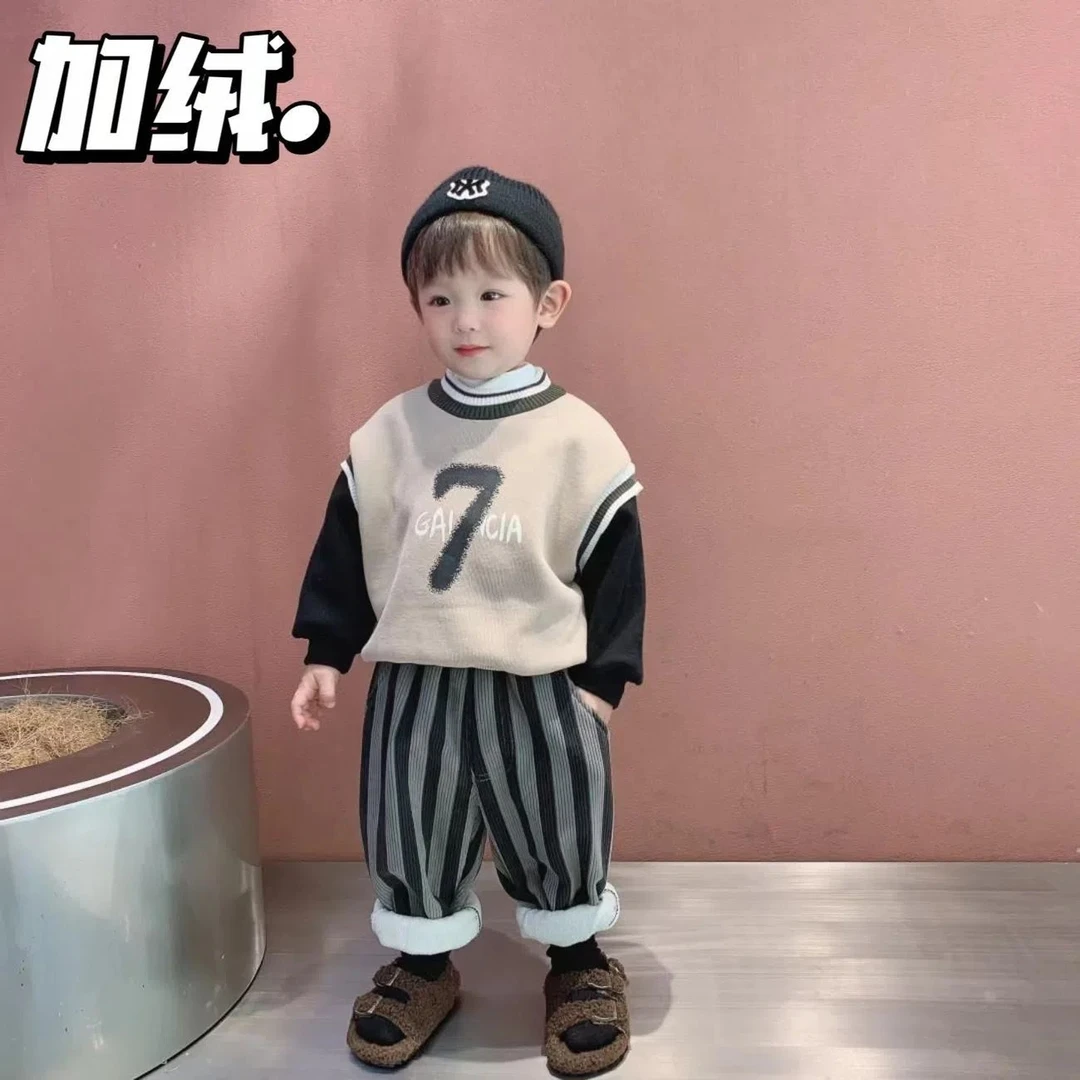 秋冬男童加绒套装加厚卫衣+男宝宝条纹加绒长裤两件套保暖中小童