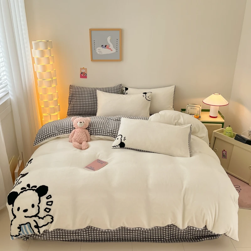 【初壹阁】2023新款卡通黑白系加厚毛巾绣牛奶绒四件套