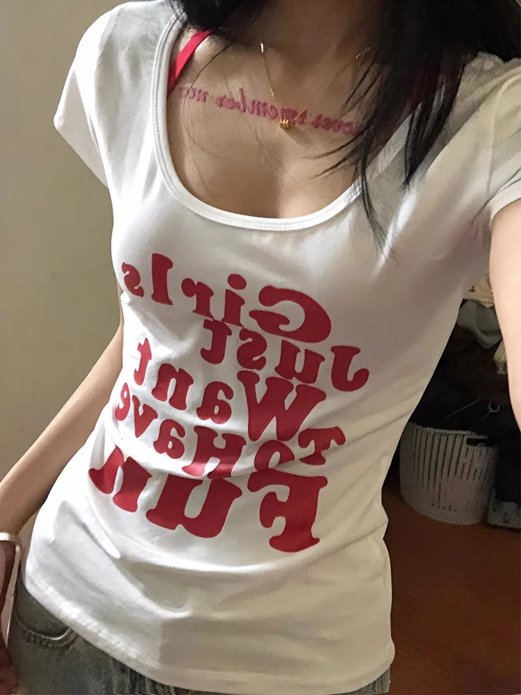 欧货2025夏季新款修身正肩印花白色短袖t恤女设计感U领体恤上衣