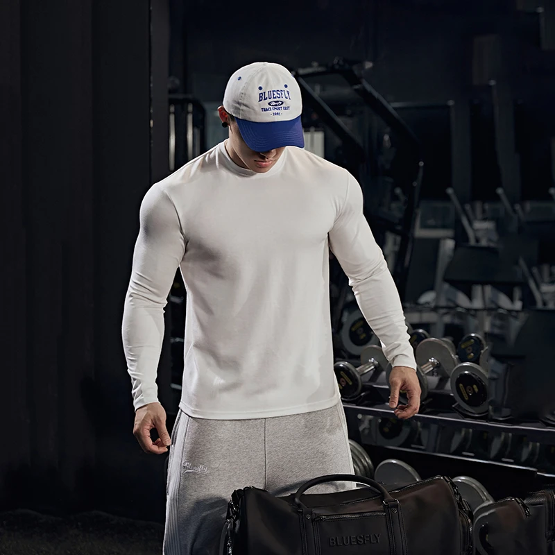 BLUESFLY运动玩咖健身长袖t恤男高弹抗皱透气排汗纯色圆领训练潮