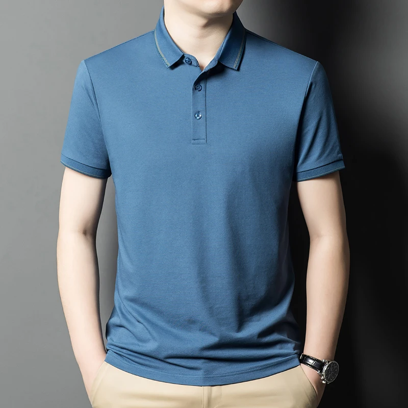 Dai Shu/袋鼠桑蚕丝闲男士翻领polo衫纯色百搭修身短袖商务短袖