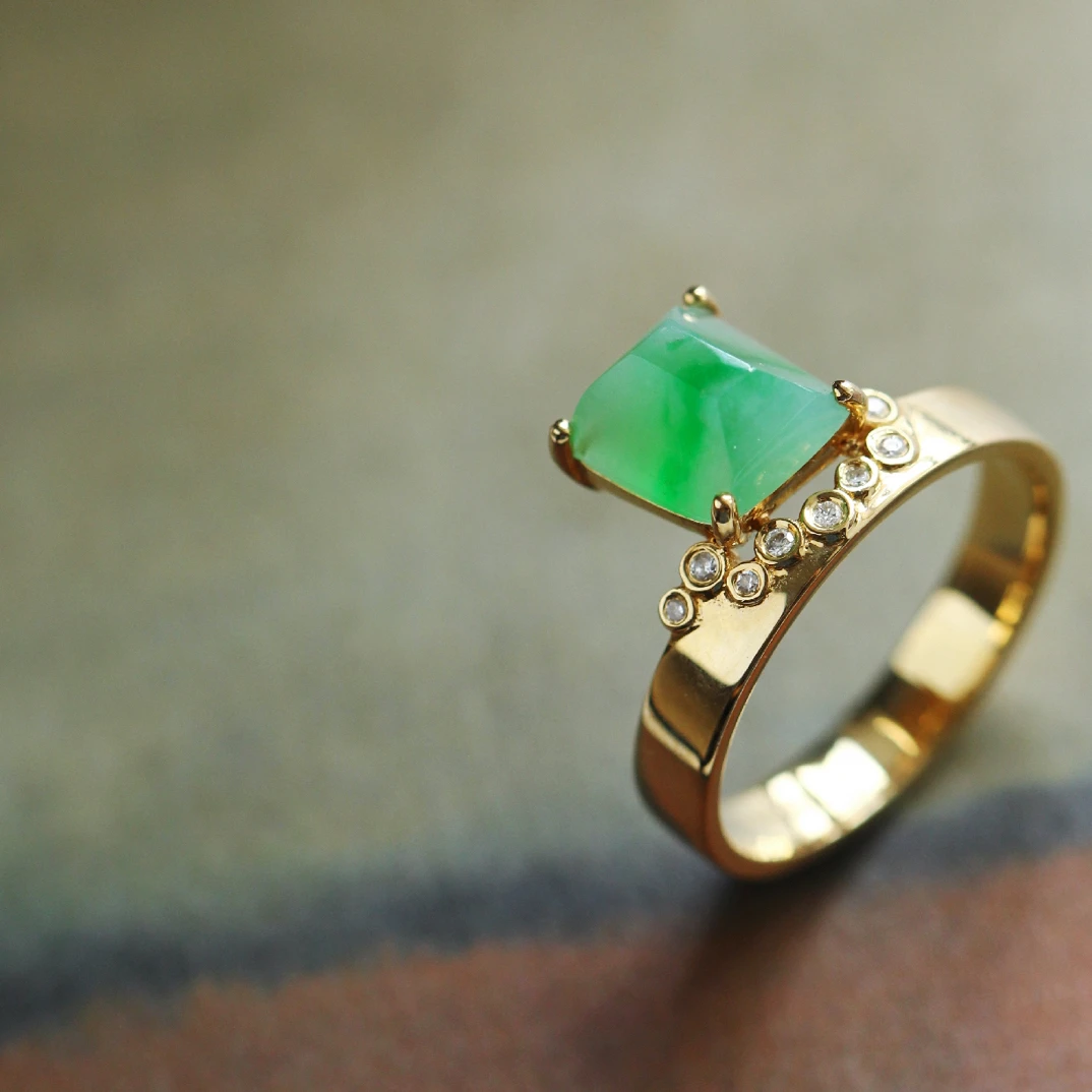 几何 冰糯种飘阳绿翡翠18k金戒指