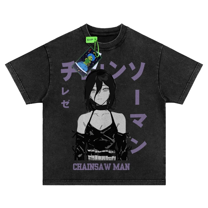电锯人联名二次元动漫夏季美式街头蕾塞印花圆领上衣ins