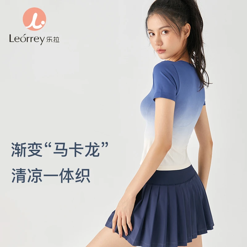 Leorrey/乐拉运动渐变上衣圆领一体织显瘦修身短袖速干瑜伽健身服