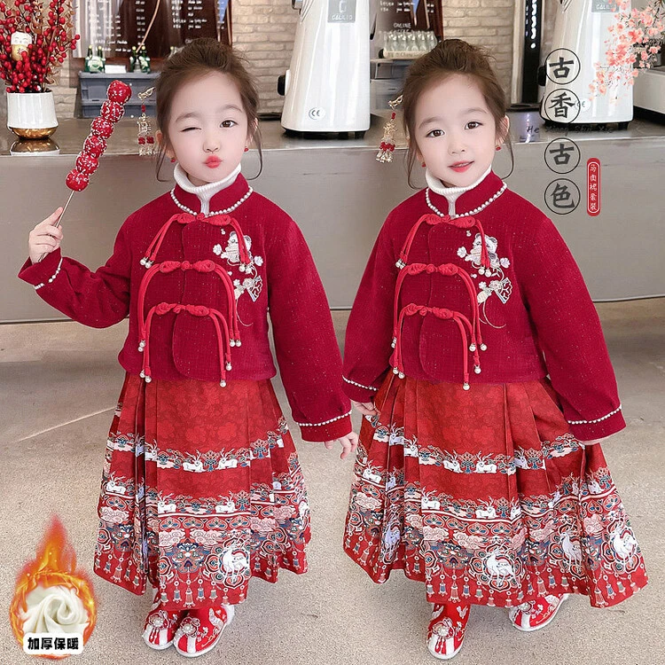 女宝宝古装马面裙套装女小童中国风改良汉服冬季唐装拜年服两件套
