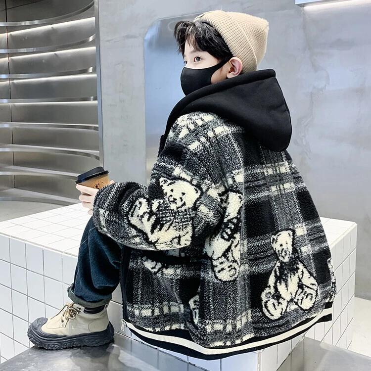 男童冬装毛毛衣连帽外套2023新款洋气中大儿童男孩加绒加厚上衣潮