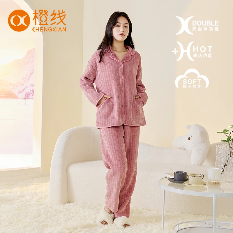 2023秋冬雪尼尔女大码睡衣套装双面穿外出宽松加绒家居服 E220132