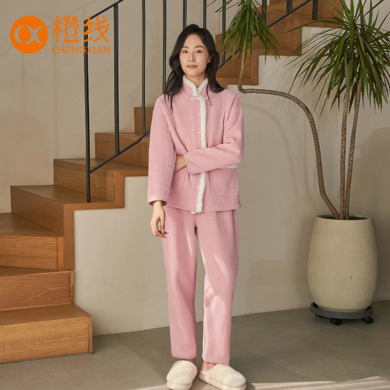 2024新款寻意东方双面穿竖纹雪绒花古典中式风暖身家居服-E841013