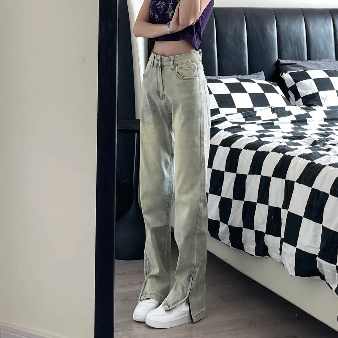 怀旧复古夏季薄款水泥黄女裤直筒拖地垂坠感拉链开叉牛仔裤女装