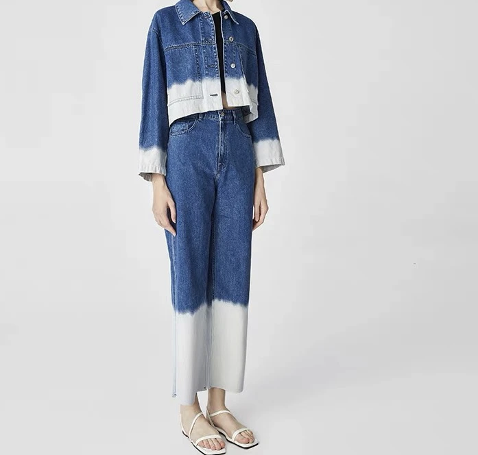 夏季新款小众设计感牛仔裤渐变直筒拼接