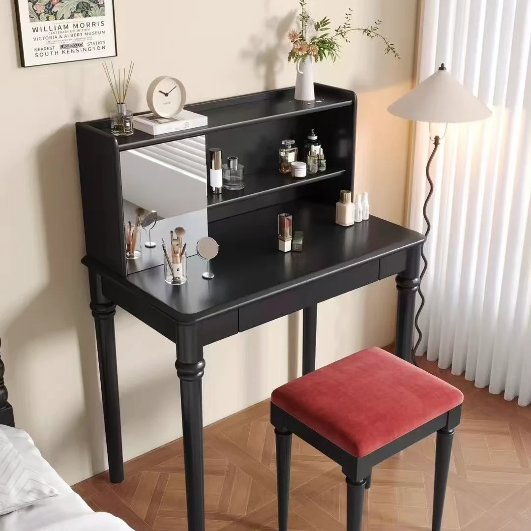 中古风实木梳妆台现代简约卧室储物收纳柜一体化妆桌