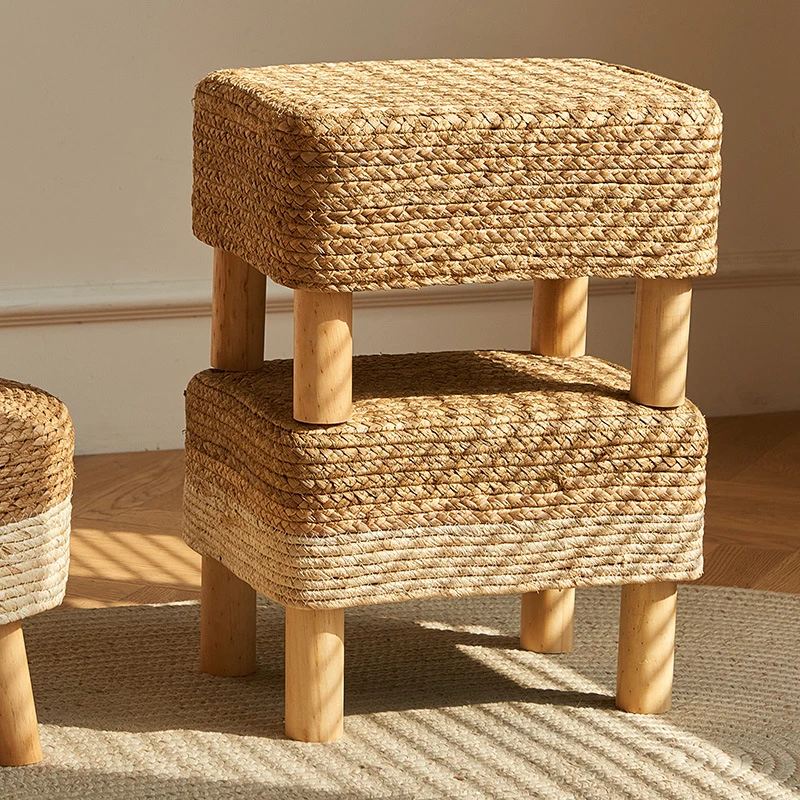 中古家用便携换鞋凳日式藤编矮凳化妆矮凳复古实木板绳编织小板凳