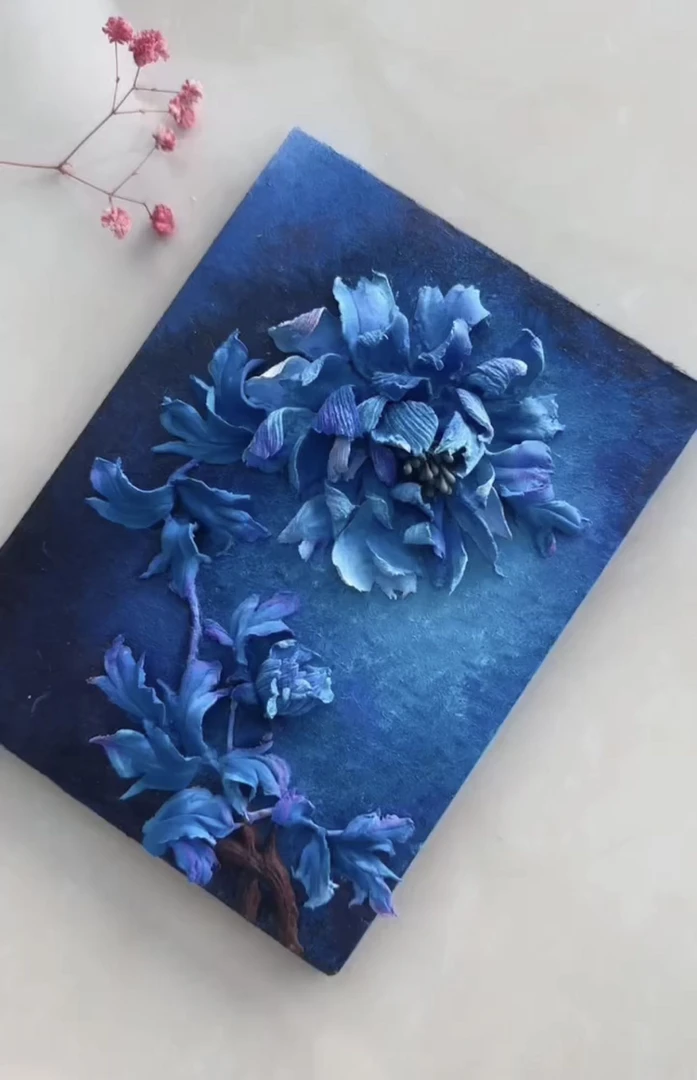 浮雕画蓝牡丹15*20（手工作品不退换，默认微瑕）