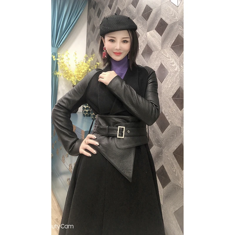 【NG】皮袖翻领腰封大衣