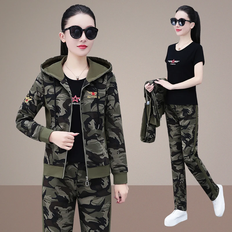运动套装女春秋季2023新款宽松显瘦时尚迷彩立领韩版卫衣三件套