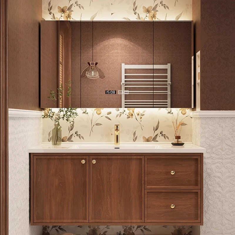 中古风浴室柜组合复古可丽耐陶瓷一体盆洗手台实木烤漆洗漱台定制