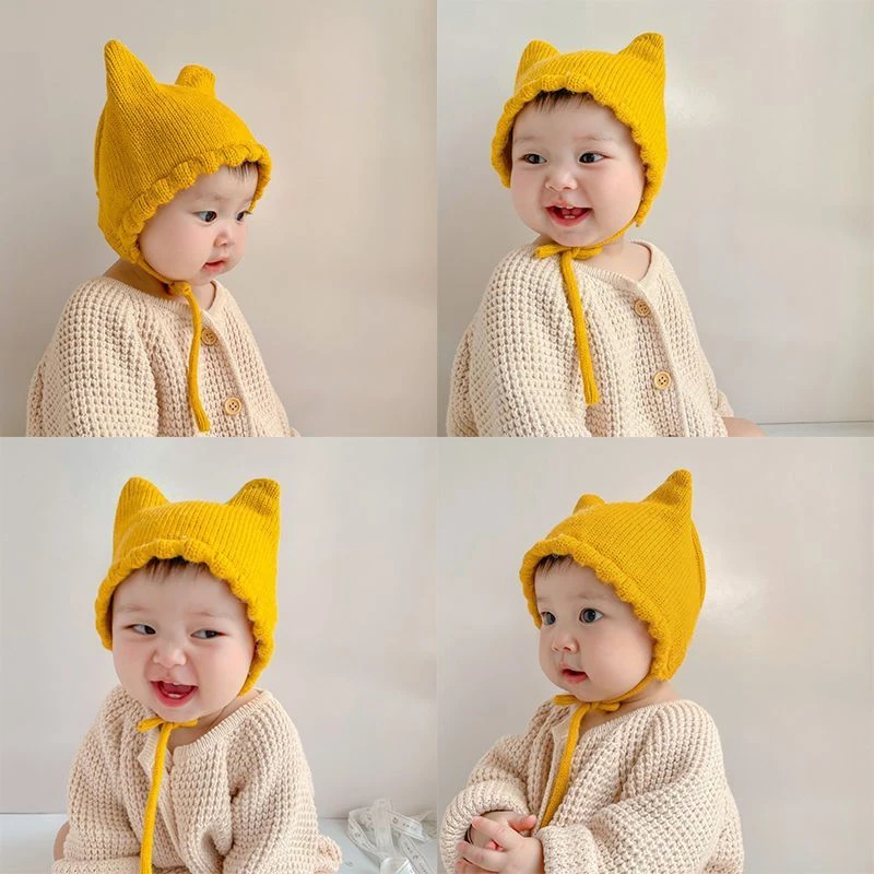 婴儿帽子春秋薄款婴幼儿护卤门帽可爱猫耳朵宝宝保暖毛线护耳帽冬