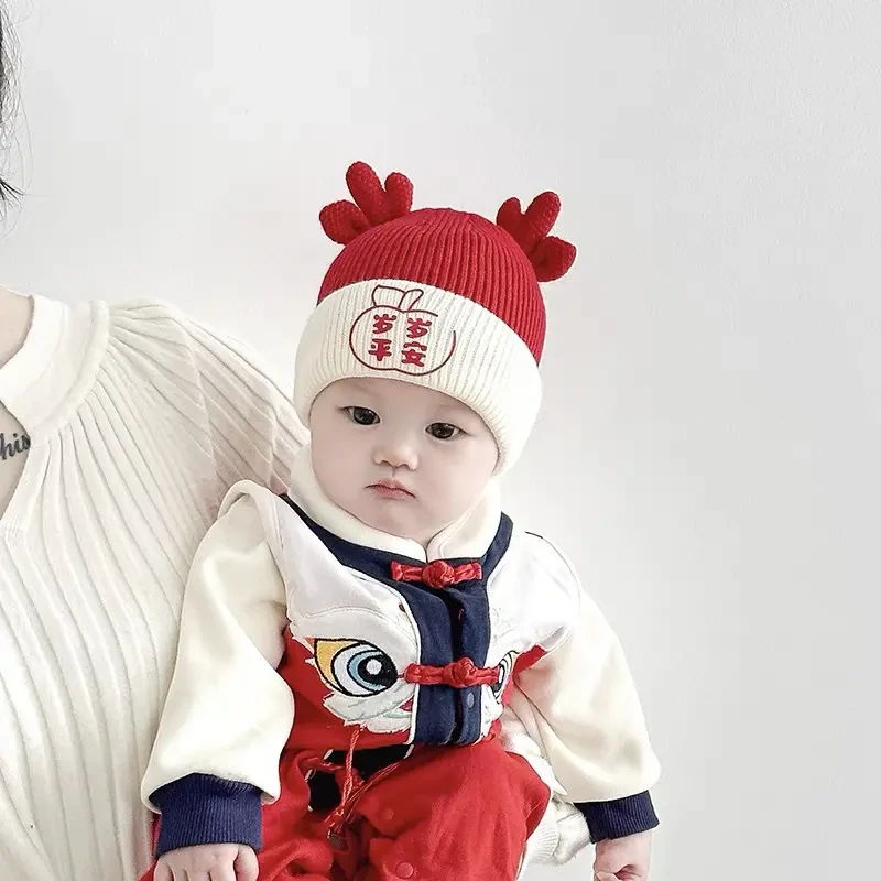 【贝嘉乐】加内衬秋冬婴儿毛线帽宝宝满月喜庆帽婴童可爱针织胎帽