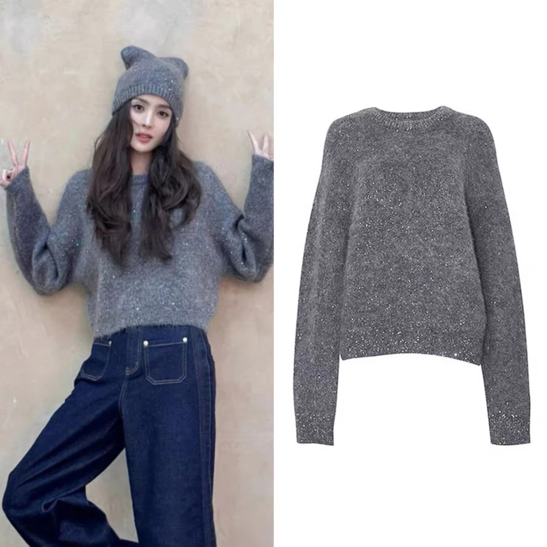 古力娜扎穿搭韩版灰色亮色长袖套头毛衣秋冬宽松时尚打底针织上衣