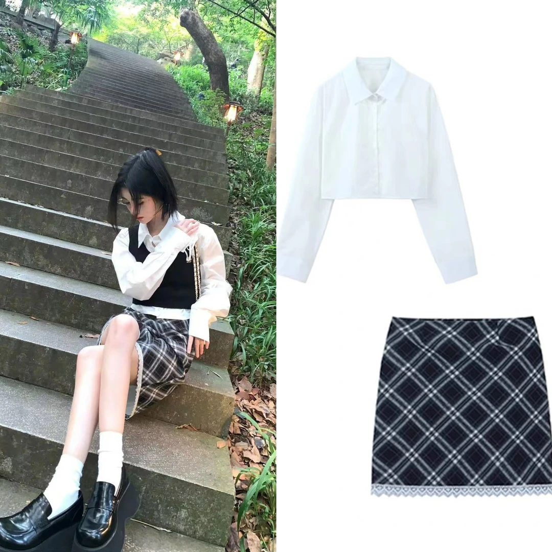 鞠婧祎私服穿搭学院风高级感黑色针织衫马甲毛衣+白色衬衫套装女