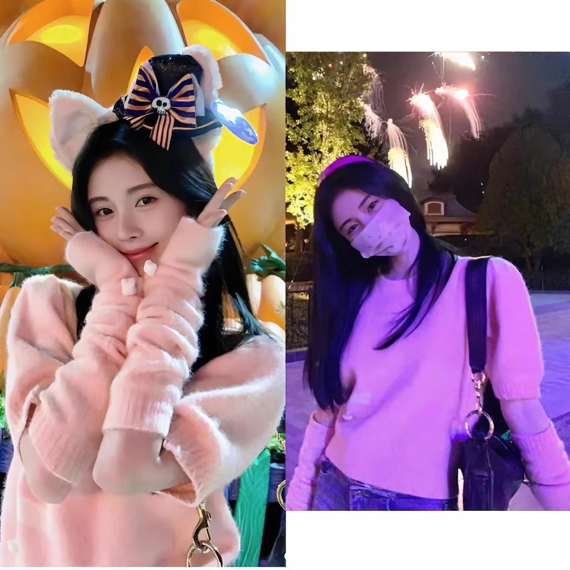 鞠婧祎粉色毛衣泡泡袖针织衫短款甜美设计感袖套水貂绒秋冬新款潮