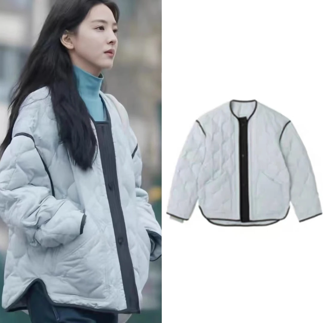 凡人歌章若楠李晓悦穿搭菱格撞色韩版宽松轻薄款蓝色羽绒棉服外套