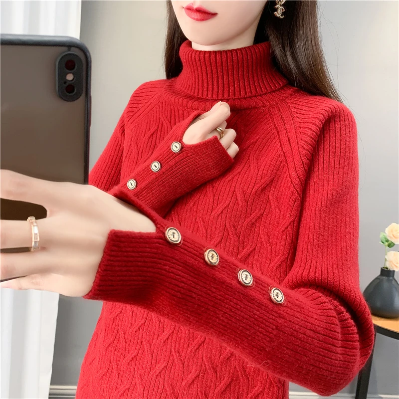 纯色高领厚毛衣套头针织衫女2023秋冬爆款内搭修身打底纽扣开叉