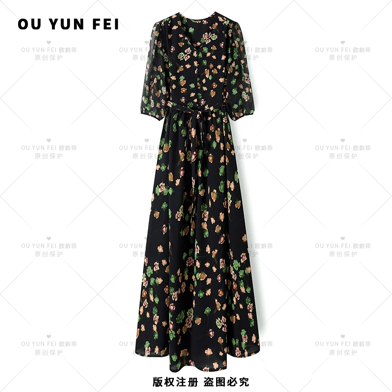 【夏日玫瑰】新款高端女装连衣裙夏季气质小众V领收腰时尚长裙3118