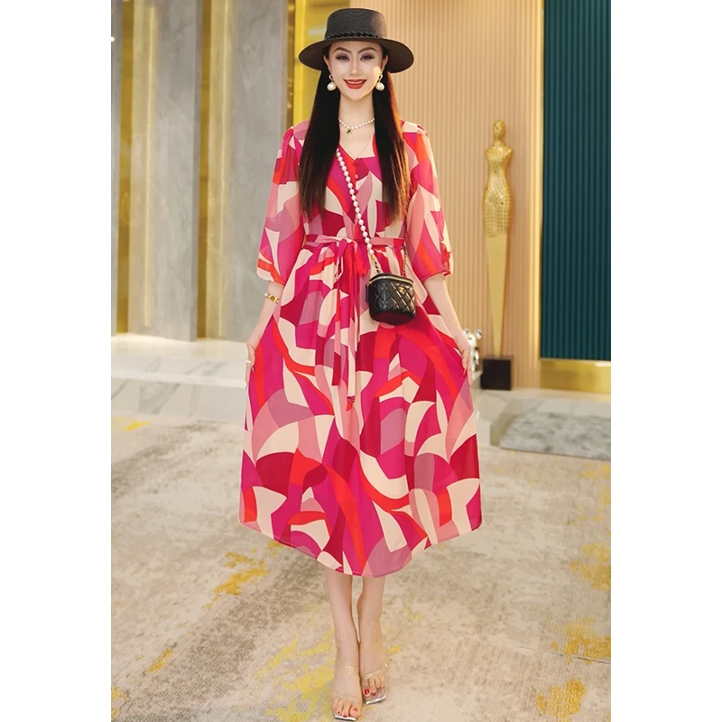 【董小姐】大码气质夏季减龄显白妈妈连衣裙遮肚子显瘦女中长裙2406