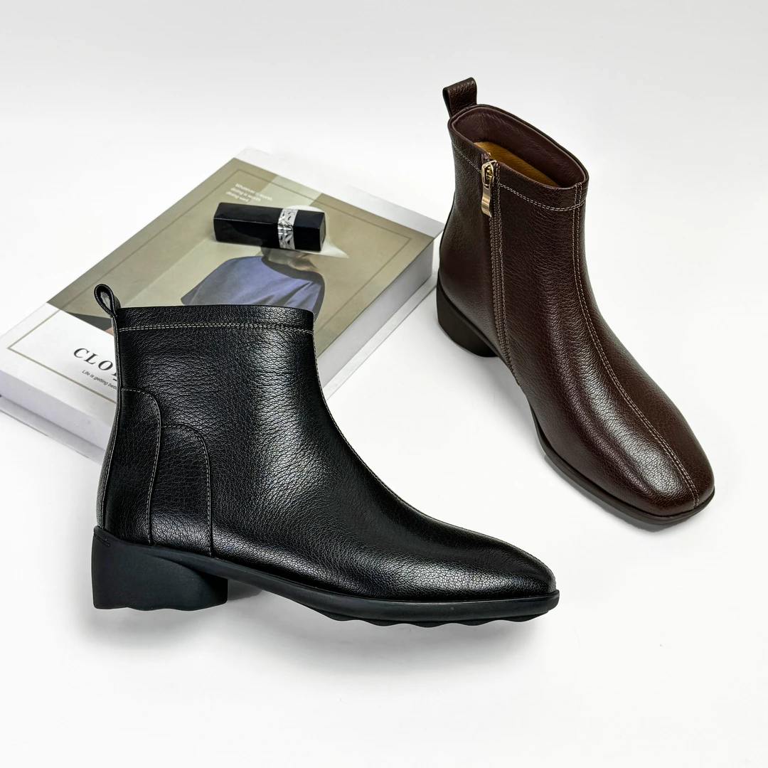 【鞋柜子】3CM低跟方头秋冬短靴上新设计感真皮复古风加绒加厚