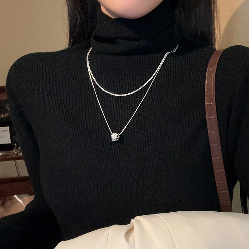 新款双层项链女 粗链条钛钢多层圆环镂空小蛮腰锁骨链