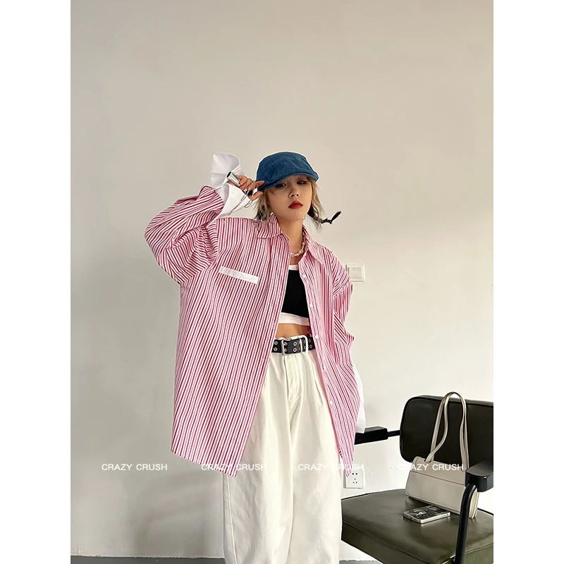春夏设计感衬衫宽松慵懒网红风条纹显瘦气质中长款衬衣女潮