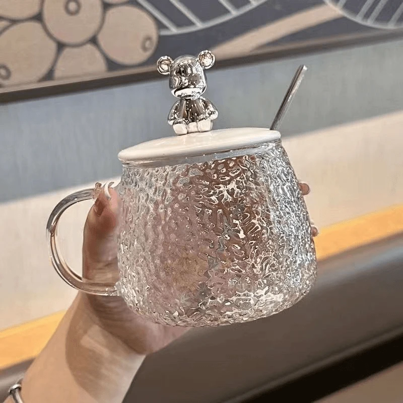 小熊杯锤纹玻璃水杯高颜值学生水杯带盖泡茶杯花茶杯把子杯礼品杯