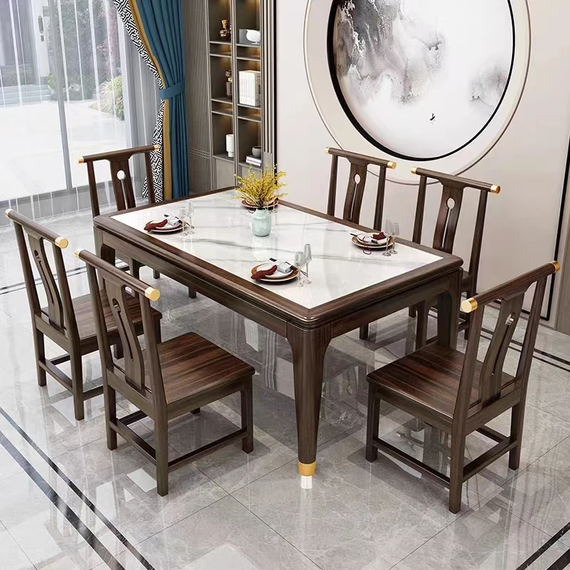 乌金木实木岩板餐桌椅组合新中式长方形现代简约家用饭桌大小户型