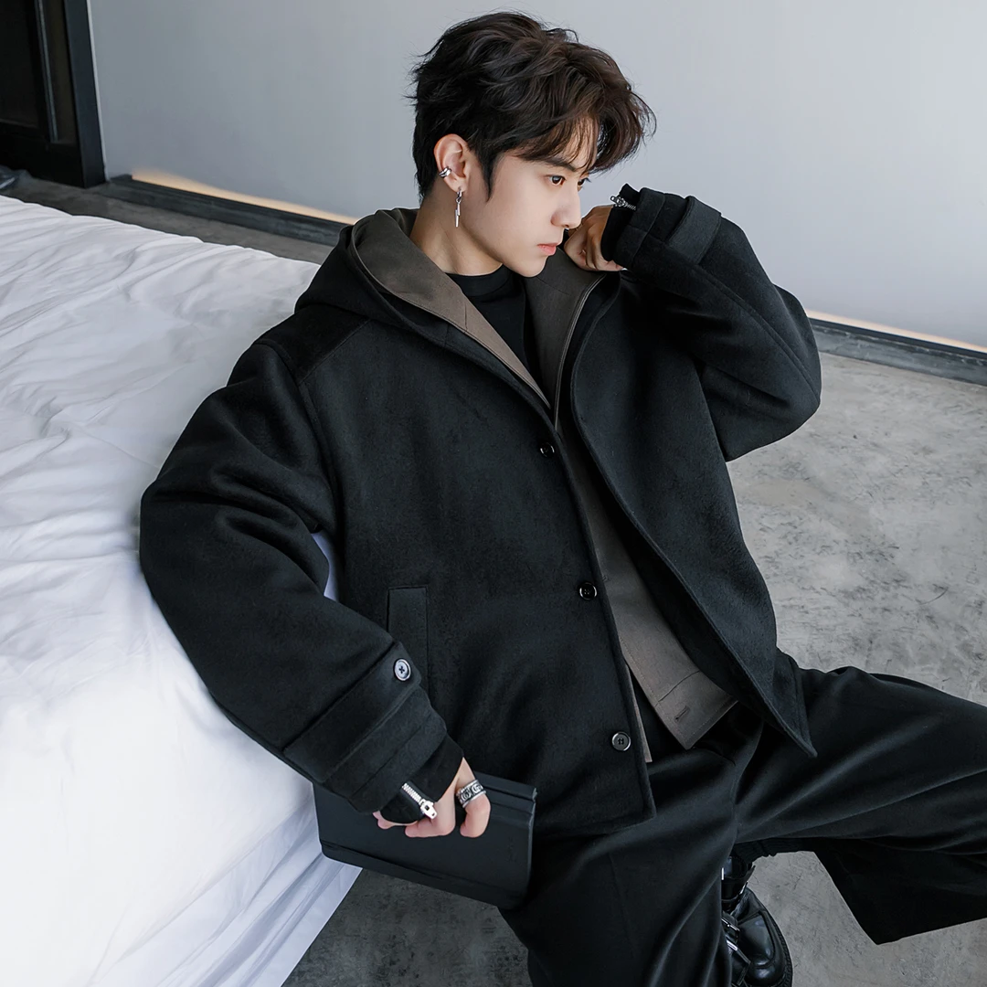 CHICERRO西西里男装高级感撞色假两件连帽加厚夹棉保暖羊毛呢外套