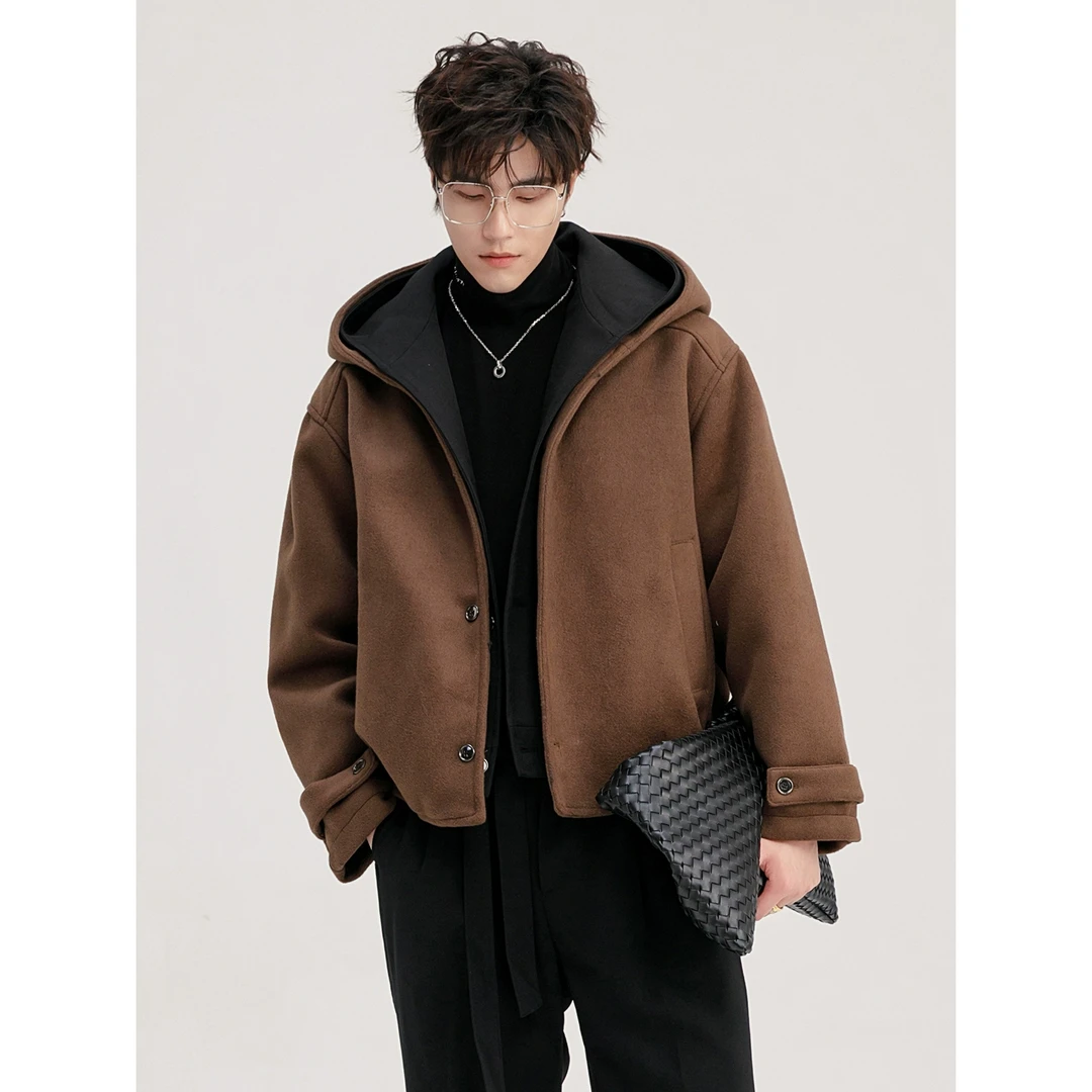 CHICERRO西西里男装高级感撞色假两件短款连帽毛呢大衣外套冬季