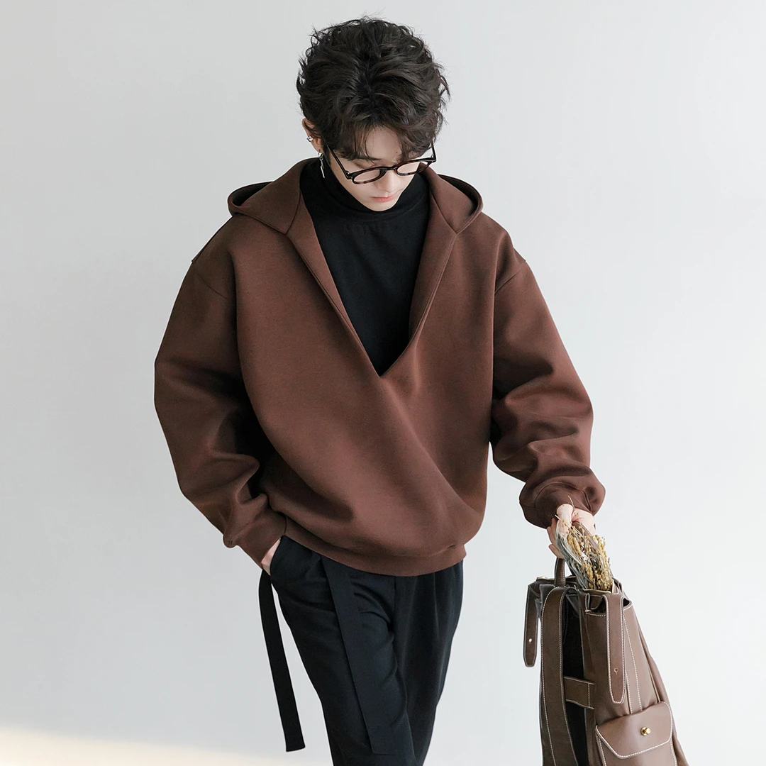 CHICERRO西西里男装冬季潮牌宽松加厚连帽假两件深V高领长袖卫衣