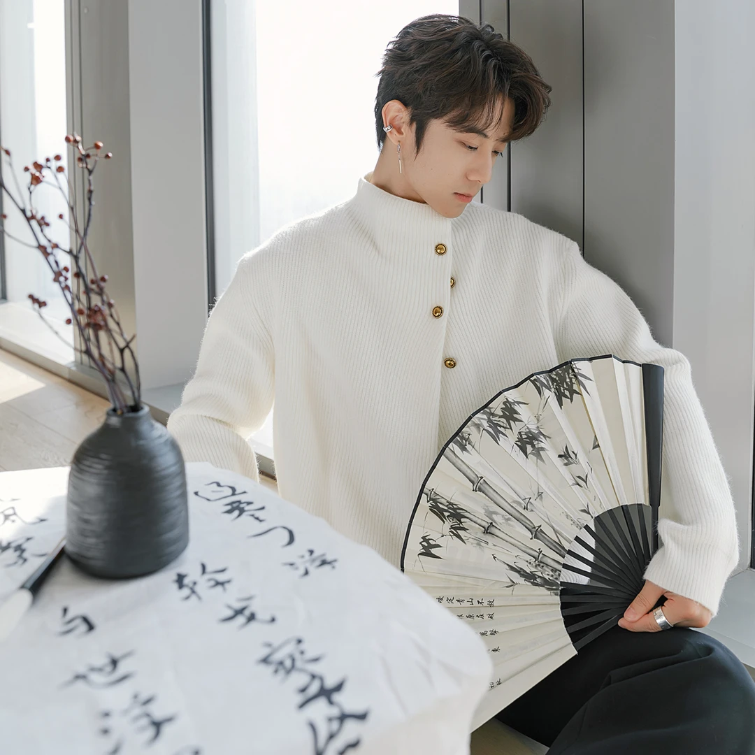 CHICERRO西西里男装韩系高级感纽扣复古针织衫宽松半高领毛衣秋冬