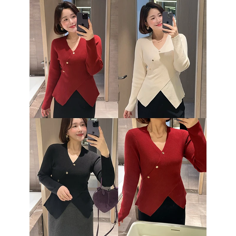 【DIS 清仓】【樱冬雾凇】秋冬不规则交叉V领针织衫毛衣Z524Z19105