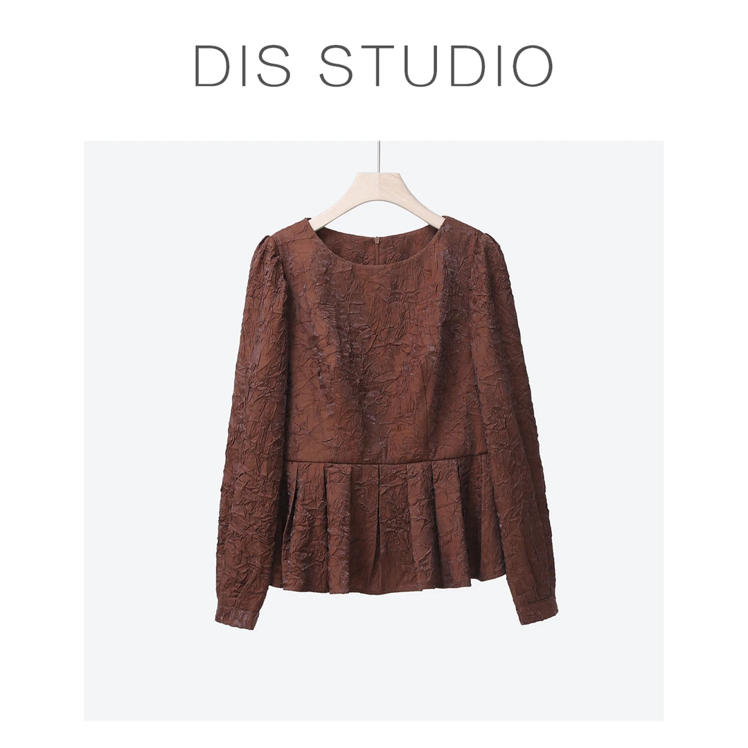 【年终清仓】【曲奇慕斯】圆领荷叶边收腰显瘦提花衬衫Z524C12358