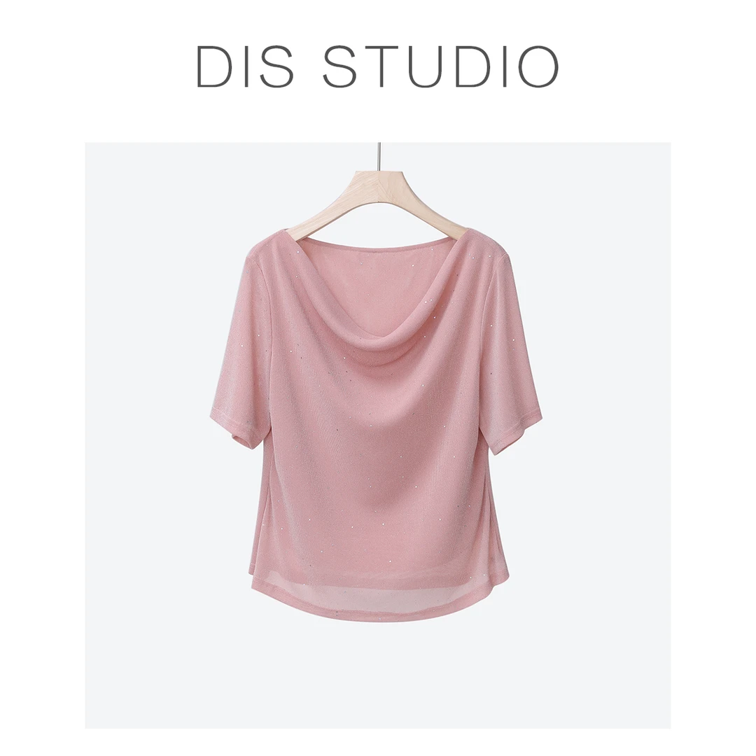 【年终大清仓】【星光粉黛】气质细闪亮片荡荡领短袖T恤Z524Y04979