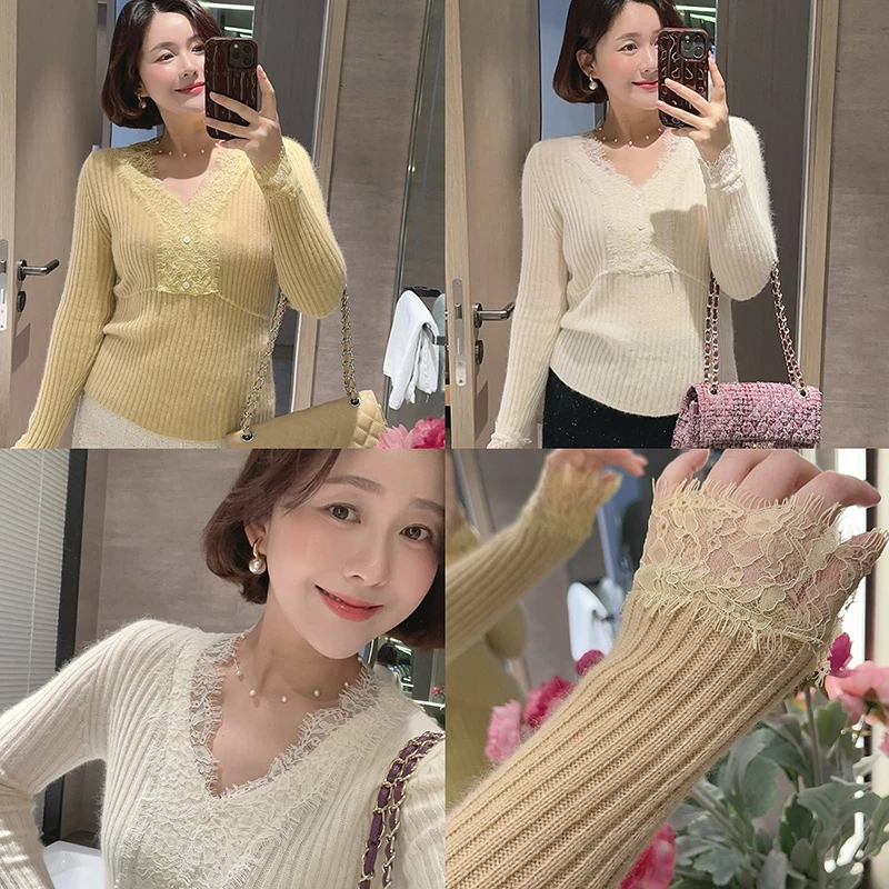 【双11清仓】【奶油糖霜】冬季蕾丝拼接v领长袖羊毛针织衫Z524X20495