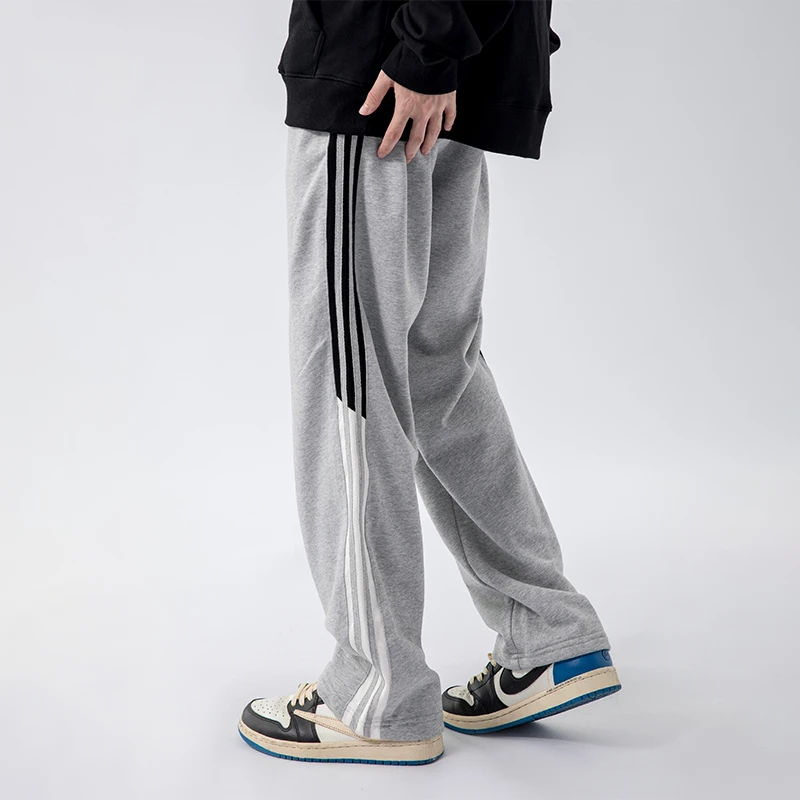 烦恼的Octopusl美式三杠条黑灰基础卫裤嘻哈宽松休闲百搭运动裤男