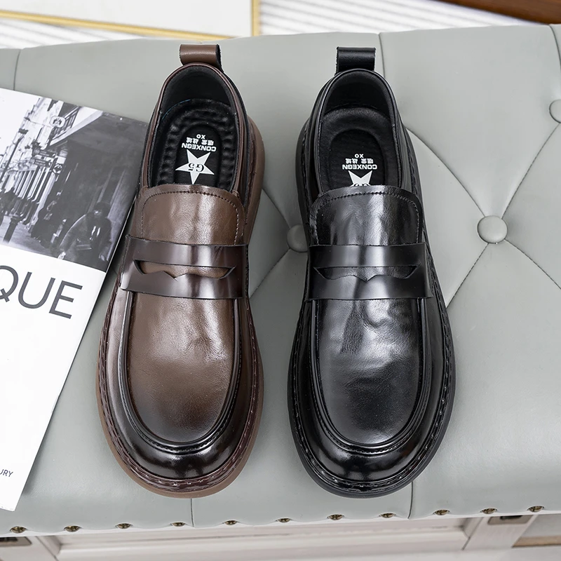 春季男士透气商务休闲皮鞋英伦风平底懒人一脚蹬乐福鞋32192