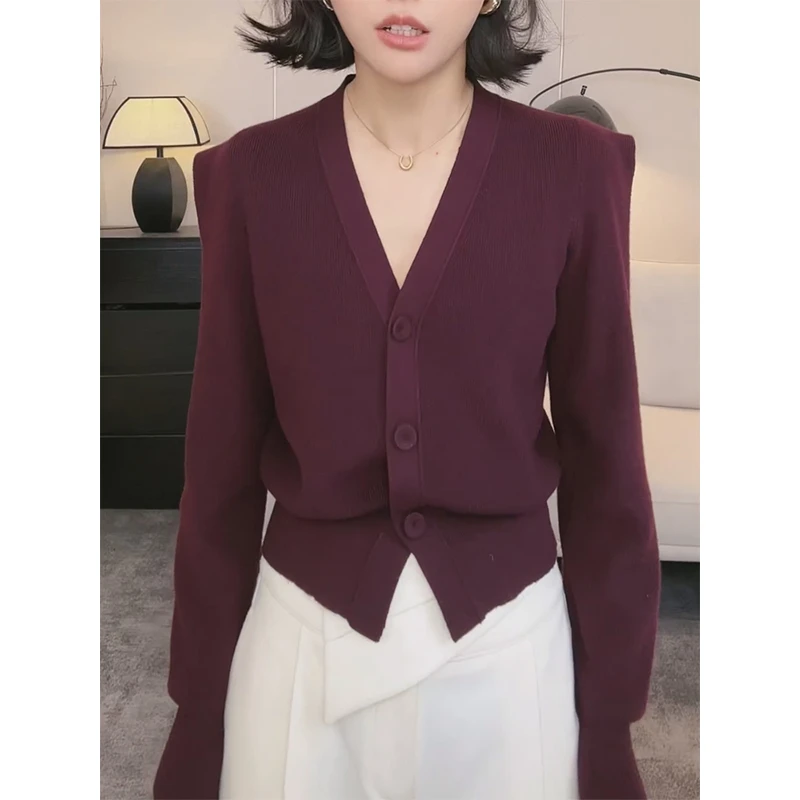 v领红色针织衫女秋短款洋气卡腰小衫2024新款长袖收腰上衣高级感