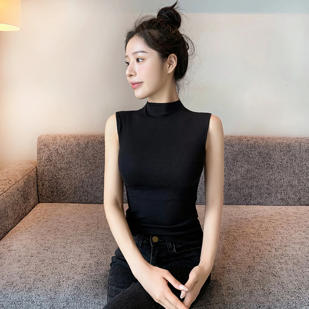 螺纹黑色无袖半高领背心吊带女夏季内搭外穿打底衫修身百搭上衣