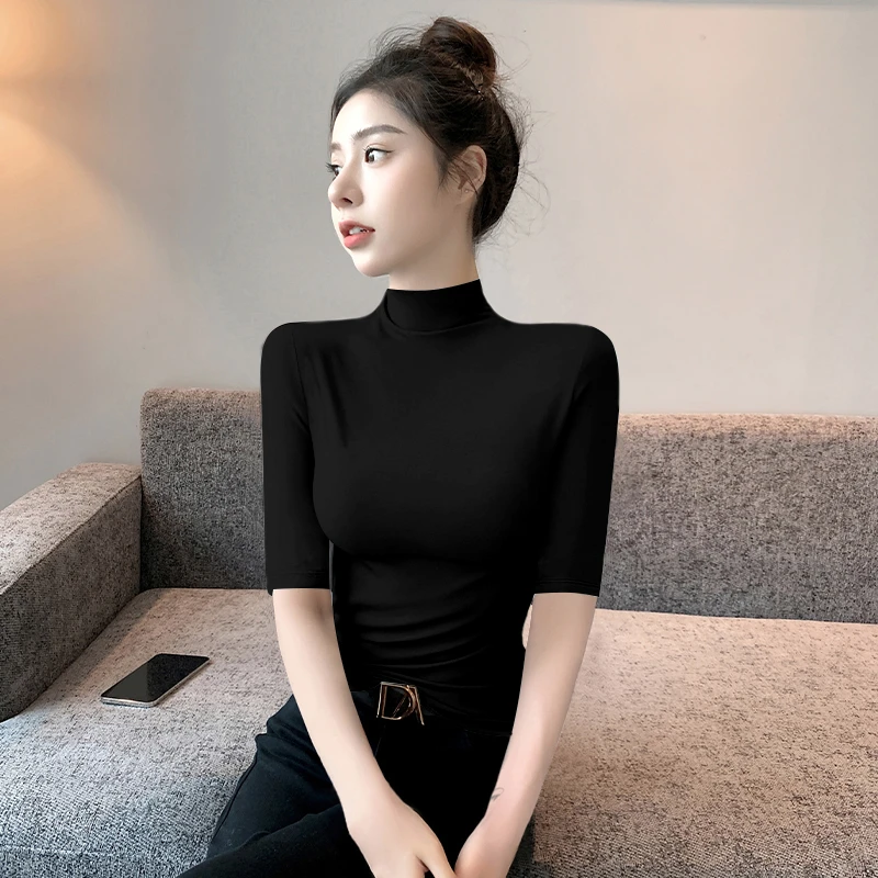 莫代尔黑色半高领中袖五分袖t恤女2025夏季纯色修身百搭打底上衣