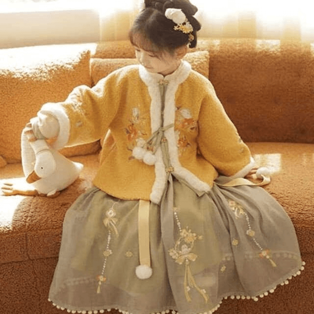 汉服女童冬季刺绣加绒加厚古风冬装宝宝拜年服中国风儿童演出服